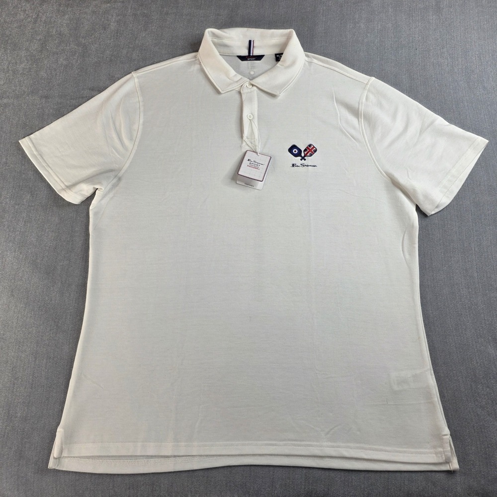 Ben‎ Sherman Sport Mens XL White Pickleball Graphic Performance Polo Shirt NEW